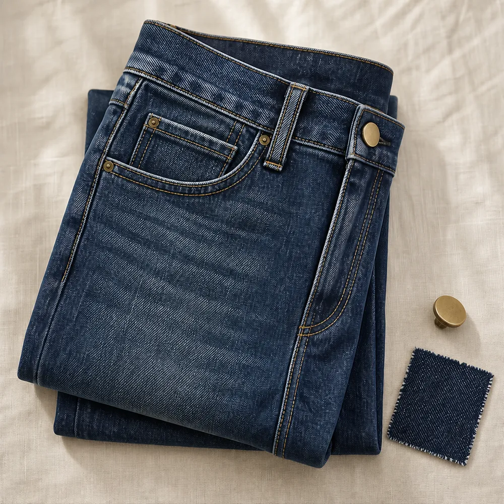 Mid-wash 5-pocket jeans — Denim sourced by Almekora Global